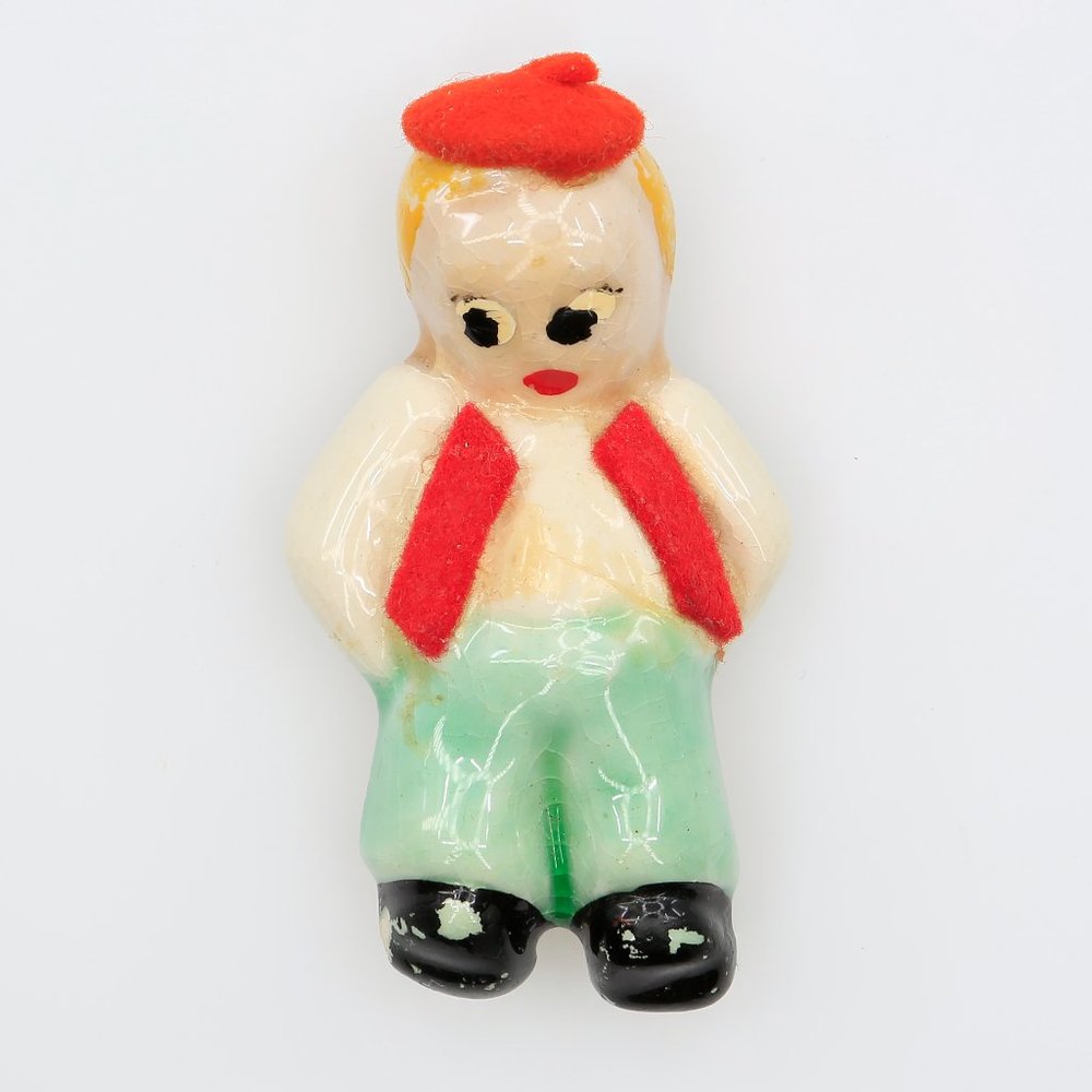Vintage Elzac Hand Painted Ceramic and Felt French Boy‎ Brooch 1943